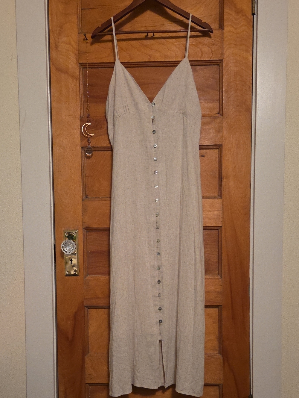 Natural Linen Button-Front Maxi Dress With 100% Cotton Slip